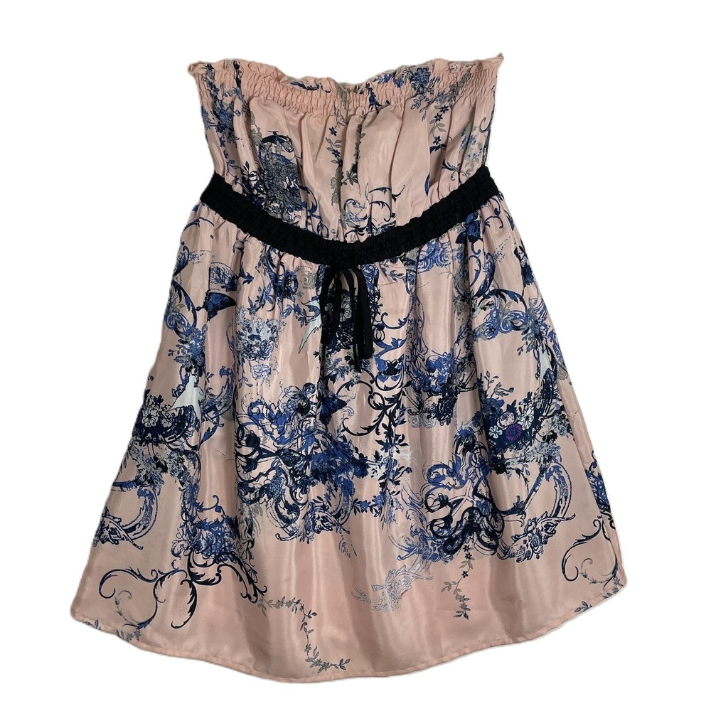 Charlotte Russe Pink Blue Floral Strapless Smocked Satin Mini Babydoll Dress S